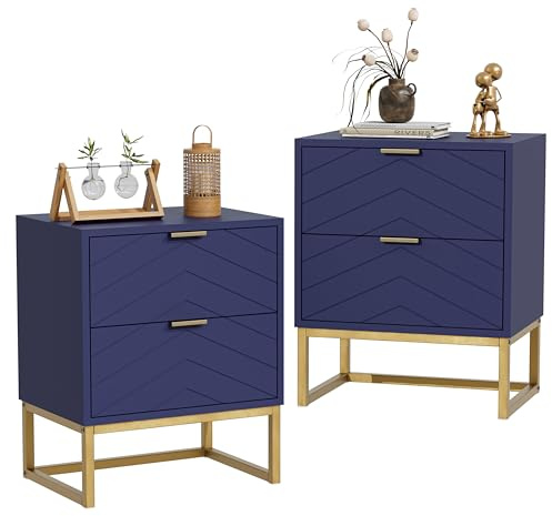 UEV Juego de 2 Mesillas de Noche con Diseño en V, Muebles de Dormitorio con Asas y Patas de Metal, Mesilla de Noche Moderna y Estable, 46 x 33,5 x 56,5 cm, Azul Marino