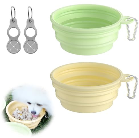 Wefaly Gamelle Pliable pour Chien, 2 Pièces Gamelle Chien Pliable Portable 350ml Bol Pliabl e avec Mousqueton Retractable Gamell e de Voyage pour Marche Randonnée Camping (Jaune + Vert)