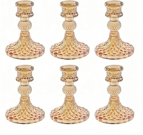 Candlestick Holders, Taper Candle Holders Glass, Candle Pillar Stands for Table Mantel Wedding Housewarming Gift Home Decoration (Gold 6pcs)
