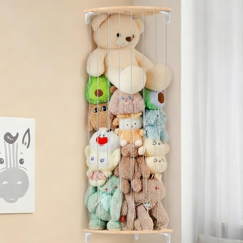 SUNMON Kuscheltier Aufbewahrung Wandregal, Ecke Stofftier Aufbewahrung Organizer Wandmontiert 1,8 Meter Stauraum Plüschtier Aufbewahrung Netz Platzsparend Wandregal Holz für Kinderzimmer Spielzimmer