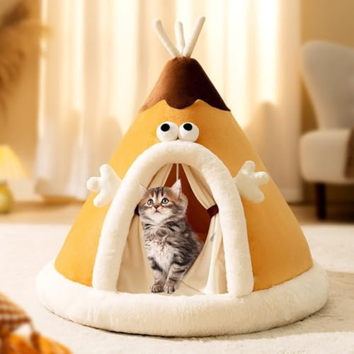 Slutet katttält, kattbäddar för inomhuskatter, bekväm triangelformad tipi med avtagbart tvättbart överdrag och halkfri botten för katter och små hundar,Yellow,XL