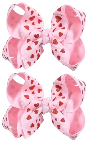 Valentines Pink Hair Bows Gift for Girls Women 2Pcs 4.3in Cute Handmade Glittery Red Love Heart Ribbon Alligator Clips, Her Wedding Birthday Party Dress Decoration Accessories