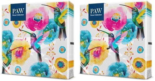 PAW - Servietten 3-lagig (33 x 33 cm) I 20 Stück I Perfekt für Geburtstage, Partys, Hochzeiten, Kommunion und Feiern I Tischdeko Bunte Papierservietten - Kolibris Blüten Fauna & Flora I Hummingbird