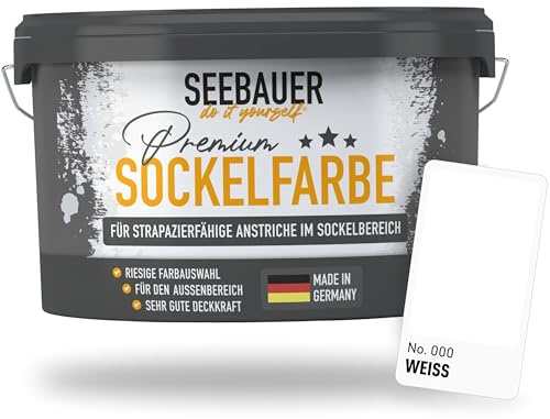 SEEBAUER diy Sockelfarbe Weiß 2,5L für Außen (No. 000 Weiß) Rissfüllende Spezialfarbe für Fassade, Sockel und Dach - Geeignet für Putz, Mauerwerk und Beton