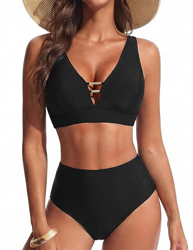 Hanna Nikole Sexy Swimwear Tummy Control Beachwear,Retro Push up Swimming Custom,2 Piece Cutout Swimsuit,V Neck Bathing Suits,Women High Waist Bikini Sets Black