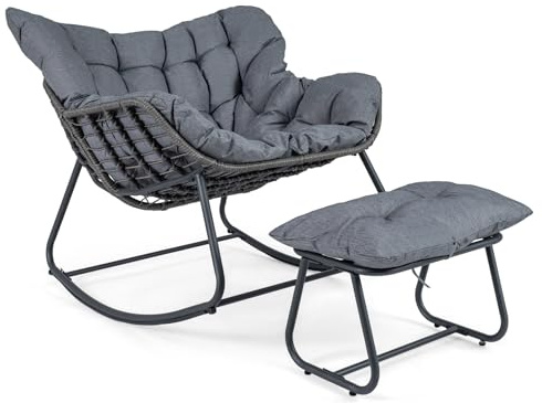 COSTWAY Silla Mecedora con Reposapiés, Sillón Mecedora de Ratán PE con Cojines Extraíbles, Estructura Metálica y Almohadillas Antideslizantes, Sillón Relax para Salón, Balcón, Carga 150 kg