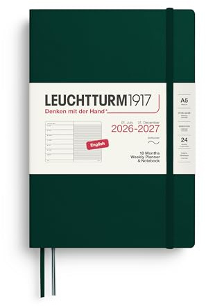 LEUCHTTURM1917 Agenda semanal 2027 A5 con cuaderno, a rayas, en inglés, 18 | 18 meses, julio de 2026, diciembre de 2027, verde bosque, inglés, 208 páginas, 80 g/m², libre de ácidos