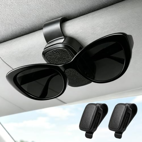 Meleager Brillenhalter für Auto, 2 Stück Leder Sonnenbrillen Halter, Brillenhalterung Auto (Einhändig Bedienbarer), Universelles Sonnenblende Zubehör-Schwarz