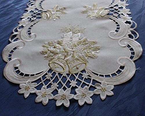 Anka Textil Weihnachts-Tischdecke Tischläufer Mitteldecke Tisch-Deckchen mit Weihnachtskerzen Motiven Stickerei Weihnachtsdeko Creme-Gold Größenwahl (110x140 cm)