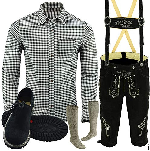 Speed4allkinds Trachten Set Herren Komplett Trachten Lederhose Größe 46-62 Oktoberfest Bayerische 5 Teilig Trachtenlederhose Hemd, Schuhe, Socken Neu (Hose 46 Grau Hemd S Schuhe Socken per Mail)