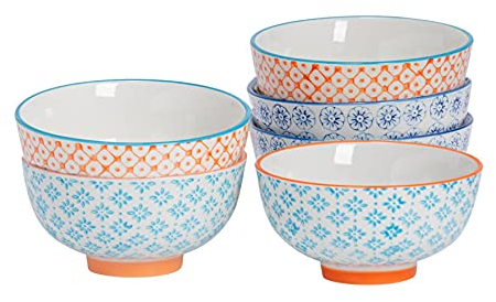 Nicola Spring Patterned Rice Bowls - 3 Colours - 11.5cm - Pack of 6 - Porcelain Flower Print Design Noodle Serving Snack Bowls for Snacks, Pasta, Noodles, Fruit, Cereal, Salads