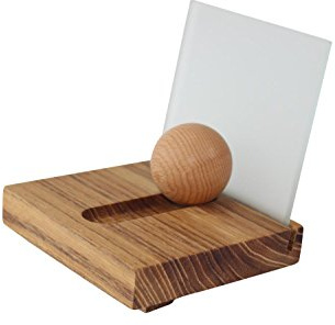 WoodBi | Visitenkartenhalter YMIR aus Holz mit Holzkugel | Zettelbox Kartenständer Visitenkartenbox aus Akazie (mit Rücken aus Milchglas)