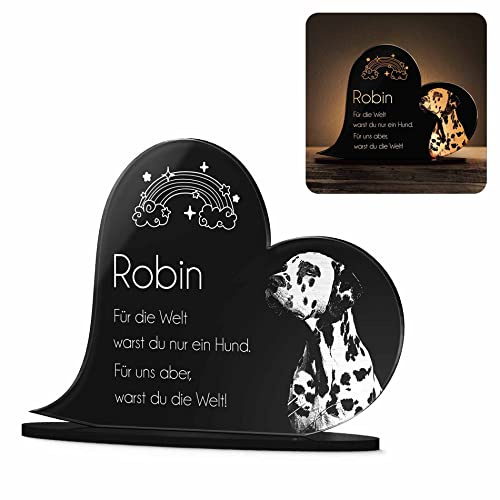 CHRISCK design Gedenkstandbild Gedenktafel mit Gravur Fotogravur Grabstein Tiere Herz stehend in 2 Größen Grabschmuck graviert für Haustiere wie Hund Katze & Co. Grabplatte im Kerzenschein Leuchtend