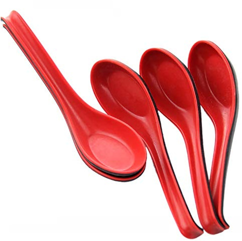 Xrten Cuillère à Soupe, Mélamine,Cuillère à Long Manche Style Chinois en Mélamine, Rouge/Noir
