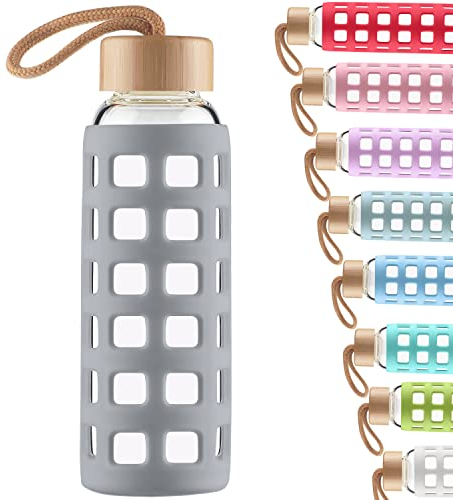 Cleesmil Sport Trinkflasche Glas Wasserflasche mit Silikonhülle mit Bambus Deckel 360 ml (grau)