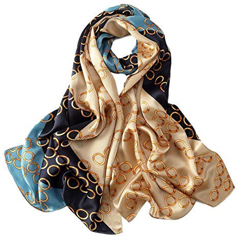 YangtzeStore Langer Charmeuse Seidenschal mit Blumen- und Grafikdruck, Blau / Taupe mit Punkten
