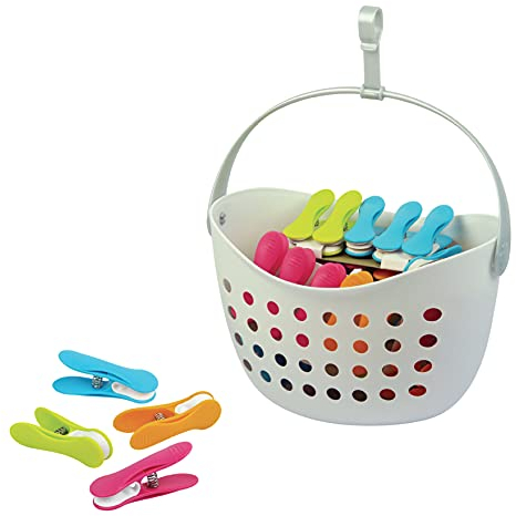 LAGUELLE - PANIER AVEC 40 PINCES CLIPS ANTIGLISSANTS - Fabrication Française - Panier Blanc - Pinces Assorties (Vert, bleu, orange, rose)