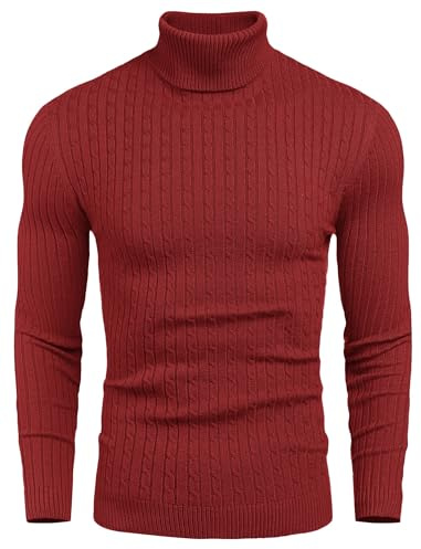 COOFANDY Pull tricoté à col roulé pour Homme - Chaud et Doux - Coupe ajustée - Pull à col roulé pour Homme - Rouge - L