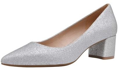 DREAM PAIRS Zapatos de Tacón Ancho Clásicos Mujer con Punta Puntida Zapatos de Salón PU con Plantilla Comodas,Size 38.5,Plata/Brillo,DPU212