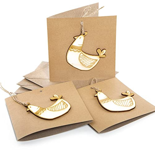 Logbuch-Verlag 3 Klappkarten aus Kraftpapier mit Huhn aus Holz - Osterkarte Ostergrußkarte leer zur freien Gestaltung 15 x 15 cm