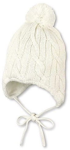 Sterntaler Strickmütze mit schickem Zopfmuster - warme Mädchen Mütze mit Bommel und Bindebändern - gefüttert mit Microfleece - stilvolle Wintermütze in Ecru, Größe 47