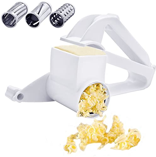 Yeelua - Rallador giratorio de queso con 3 cuchillas de tambor de acero inoxidable, cortador de frutas y queso, rallador mecánico manual de cocina para queso, frutas y verduras