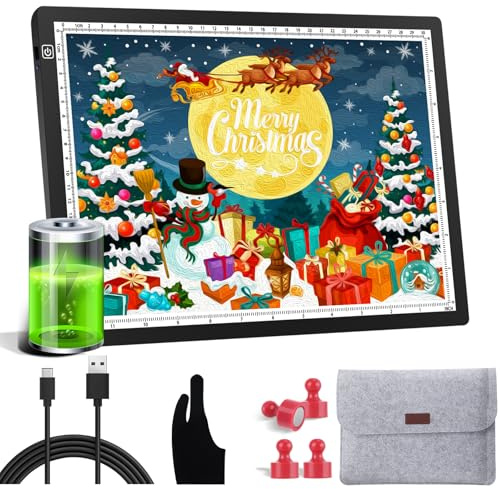 OOWOLF Lightbox A4 LED ljusbord med USB-kabel, kontinuerligt dimbar ljusstyrka, 5mm Ultra Slim 4 st magnetpennar, A4 Lightbox 8900K för skiss, kopiering, ritning