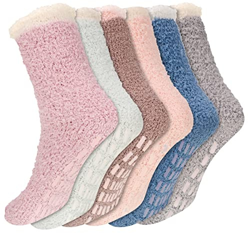 Bestomrogh 6 Pairs Fluffy Slipper Socks for Women and Girls, Winter Warm Cosy Bed Fuzzy Socks with Grips, Thermal Non Slip Grip Socks Soft House Sleep Socks for Women Girls