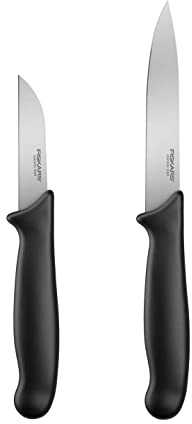 Fiskars Set di 2 Coltelli, Spelucchino (Lunghezza Lama: 7 cm) e Coltello per Verdure (Lunghezza Lama: 11 cm), Acciaio Inox / Plastica PP, Nero, Essential, 1065601