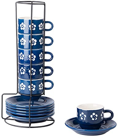 Original Heart 6-pieces Espresso Cups with Saucers and Metal Stand Stoneware Cup & Saucer Sets, Stackable espresso mugs, 4oz coffee cups set, Set of 6, Blue