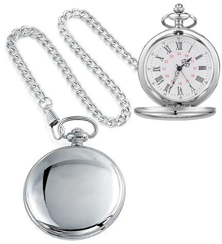 Tiong Smooth Vintage Pocket Watch with Chain Roman Numerals Scale(Silver)