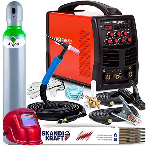 WELDMAN TORNADO TIG 200-200A WIG Schweißgerät AC DC mit Puls und MMA-Schweißfunktion - Aluminium Schweißgerät mit HF-Zündung, IGBT, Fernsteuerbarkeit und 4m Schweißbrenner, Set: ProfessionalPlus