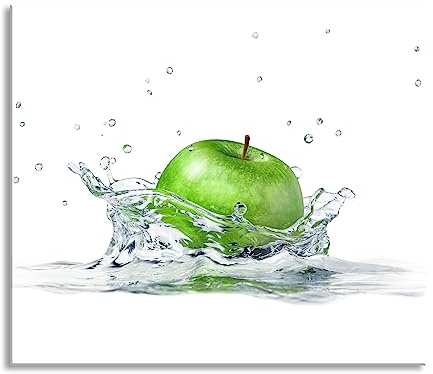 Grüner Apfel fällt in Wasser Herdabdeckplatte & Spritzschutz aus Echtglas | Für Herd-Kochfelder | 60x52 cm