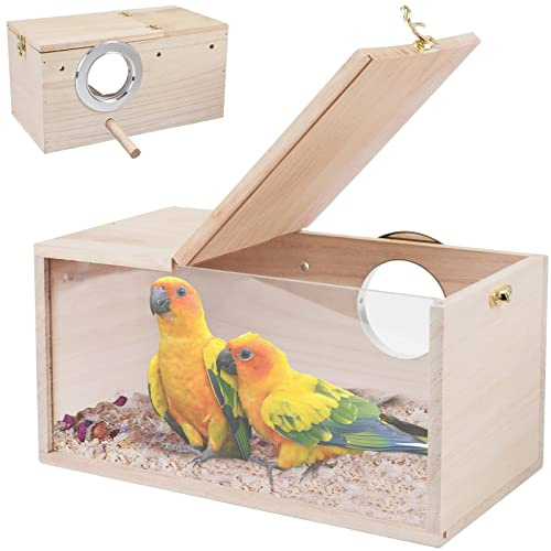 RANYPET Budgie Nesting Box, Wooden Parrot Nest Box with Clear Panel, M | Transparent Front, 13 x 13 x 25 cm M Size, Hinged Lid, Perch for Resting, Wooden Nest Box, Budgies and Lovebirds