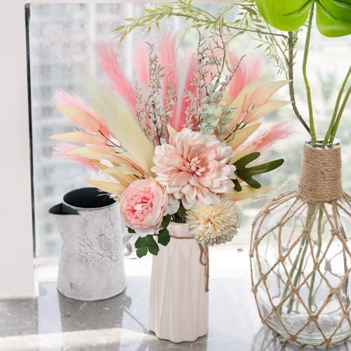 Weldomcor Kunstblumen Künstliche Pflanzen Unechte Blumen Pampasgras Getrocknet Deko Seidenblumen Kunstblumenstrauß künstlich Blumenarrangements Hochzeit Zimmerdeko (Rosa)