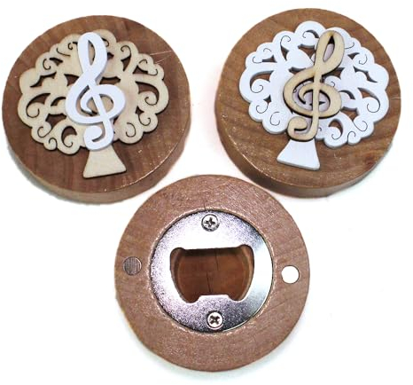 DLM 34879 (Kit 12 Pezzi) Apri Bottiglie con Calamita Moderno Design Tondo in Legno Scatolina in bambù Albero della Vita Chiave di Violino sol Musica bomboniera
