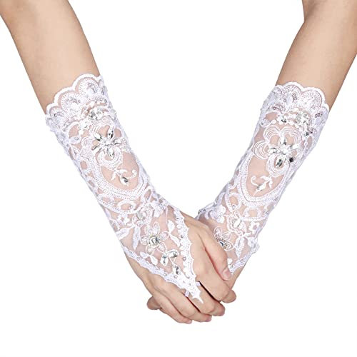 CDQL Hochzeit Braut Spitzenhandschuhe Weiße Fingerlose Kristallhandschuhe Vintage Style Elfenbeinweiße Spitze Braut Braut Strass Sexy Fingerlose Handschuhe Hochzeitsaccessoire (Weiß)