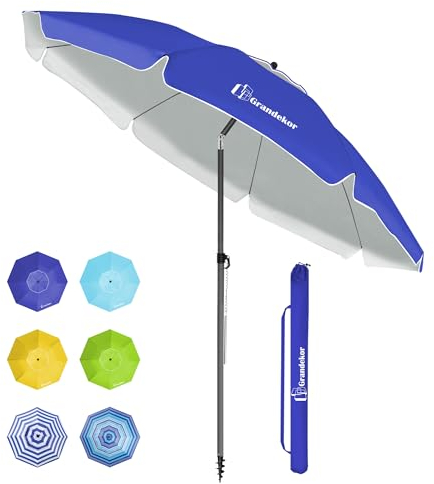 Grandekor Sonnenschirm Ø180cm winddichter Strandschirm Balkon Gartenschirm Marktschirm, Terrassenschirm mit Bodenhülse & Drehstange & Schutzhülle, Blau Rund Sonnenschutz UV50+