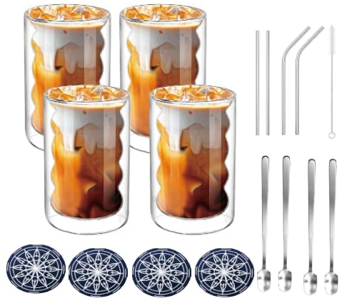 Nuo desire Drinking Glasses Set of 4x400ml, Double Walled Glass Coffee Mugs, Glass Coffee Cup with Straws,Coasters,Spoons for Tea Milk Juice Ice Cream