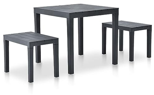 LAPOOH Gartentisch mit 2 Bänken, Gartenmöbel Set, Garnitur, Sitzgarnitur Garten, Balkon Möbel Set, Garten Möbelsets, Kunststoff Anthrazit