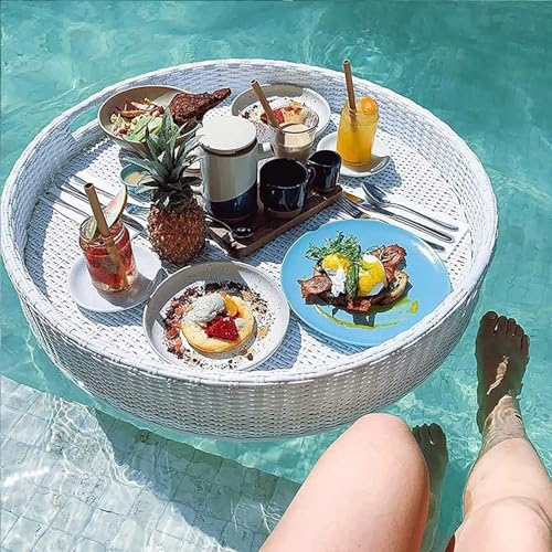 LAMEDOAT Schwimmendes Frühstückstablett aus Rattan, rund, schwimmender Tabletttisch für den Swimmingpool, extra großer schwimmender Wassertisch für Pool- und Strandpartys (Farbe: Weiß, Größe: 80 x 20