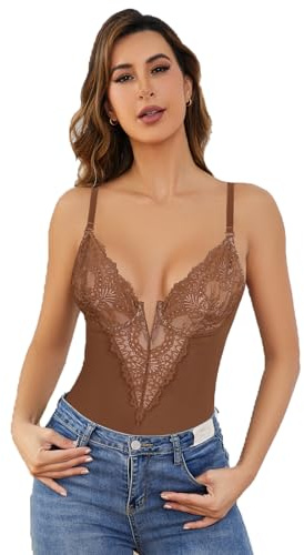 SHEKINI Shapewear Dam magkontroll, kroppsformare, rygglös bodysuit, spetsbh, push-up, djup V-ringning, formande bodys, ärmlös, formande linne, figurformande underkläder, formande stringtrosa, BRUN, M