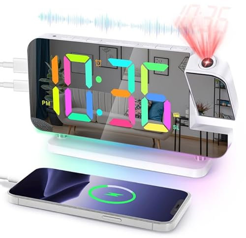 Projection Alarm Clock with Radio, Digital Clock with 180° Rotatable Projector, Alarm Clocks Bedside with 10 Modes RGB Night Light, 11 Colors LED Display, Dimmable, Volume, Snooze, for Bedroom White