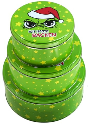 Annastore 3-tlg. Set Gebäckdosen Festtags-Muffel aus Metall - Anti Weihnacht Plätzchendosen aus Metall - Weihnachtsmuffel Konfektdosen - Anti Weihnachten Gebäckdosen Farbe Ich hasse Backen