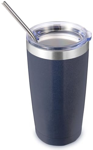 Volhoply 20oz 550ml Travel Insulated Tumbler with Lid and Straw, Double Wall Insulated Travel Iced Coffee Mug Fits Car Cup Holder,Powder Coated Cups for Hot & Cold Drinks, BPA Free（Navy,1 Set）
