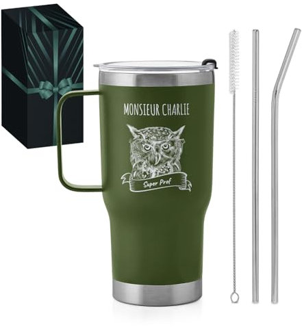 Maverton Mug Isotherme Personnalisable Vert en Acier Inoxydable 600 ml - Mug Personnalisé Maitresse avec Paille et Boite - Cadeau Maitresse d'École fin d'année - Cadeau Prof