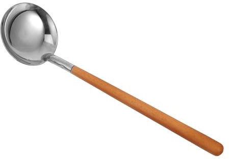 Healifty Stainless Steel Soup Ladle and Gravy Scoop with Long Wood Handle, 304 Steel Kitchen Serving Utensil for Home and Restaurant, Japanese Water Ladle for Sauces and Hot Pot Serving