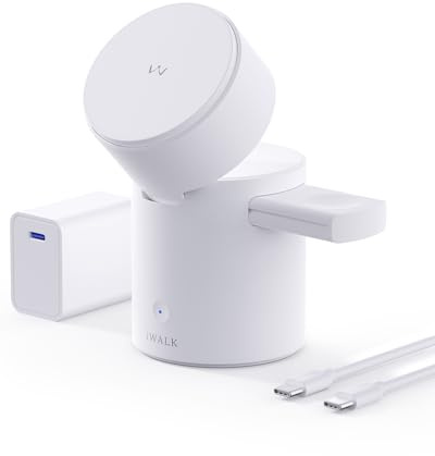 iWALK 3 in 1 Wireless Charging Station with Auto Rotation, Charger Stand with Magnet for Apple Devices, 15W Foldable Wireless Charger Station for iPhone 17 16 15 14 13 12 & Apple Watch & Airpods,White