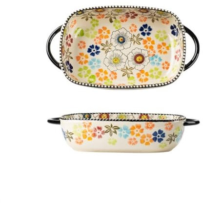 ruyi-1986 Baking Dish Large-capacity High-temperature Household Baking Dishes Vintage Underglaze Tableware Deep Dinner Plate with Handle Lasagne Dish(19.6cm)