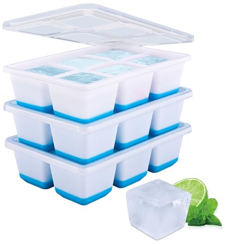 Eiswürfelform Große, 3 Pack Groß Eiswürfelbehälter mit Deckel, Leichtes Lösen, BPA-Freie Eiswürfelform Silikon, 4,5 * 3,7 cm Eiswürfel für Whiskey, Cocktails und Getränke (Blau)